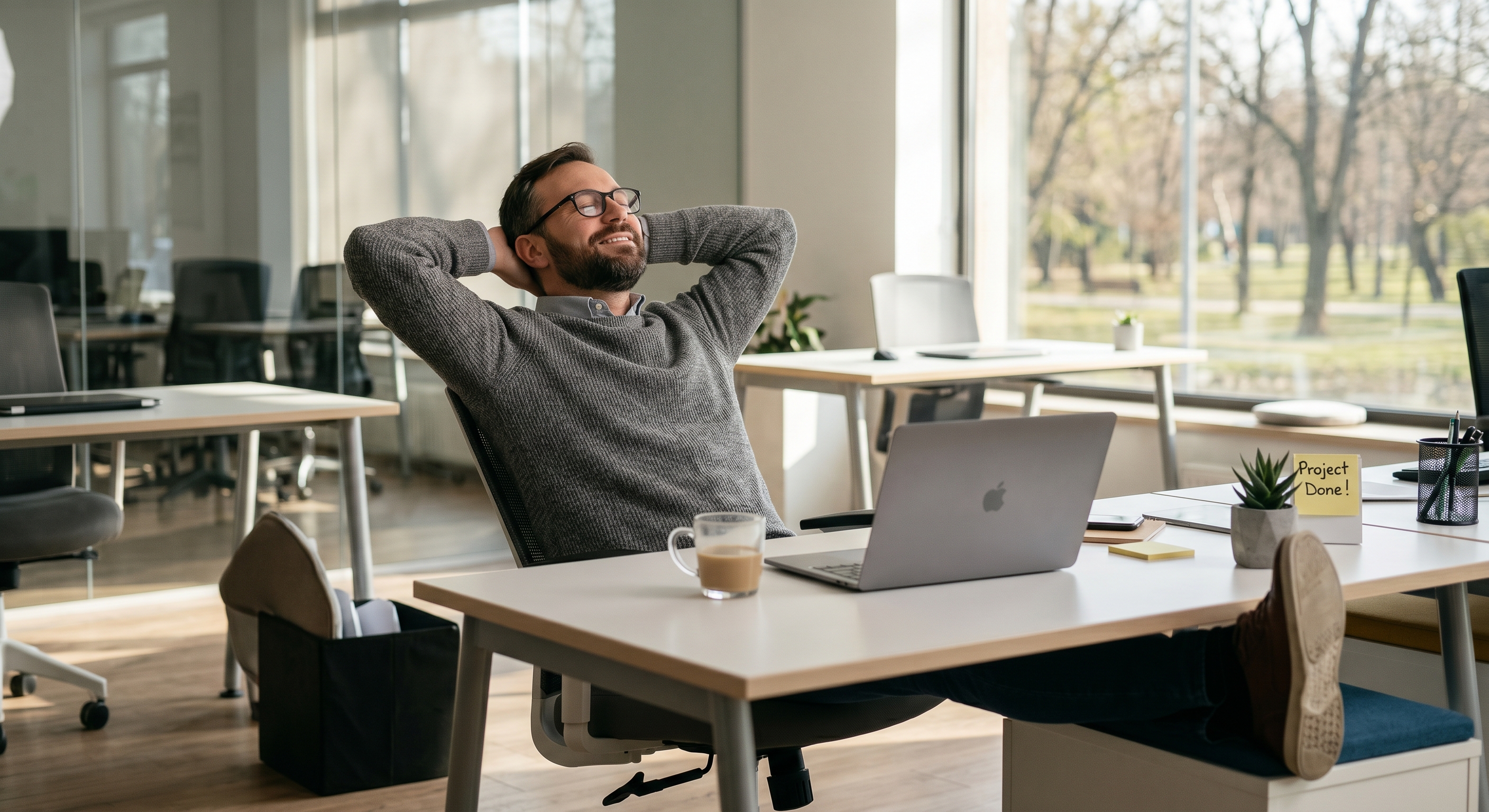 Een finance manager die ontspannen achteroverleunt aan zijn bureau, project klaar, koffie in de hand — de rust die ontstaat als handwerk geautomatiseerd wordt.